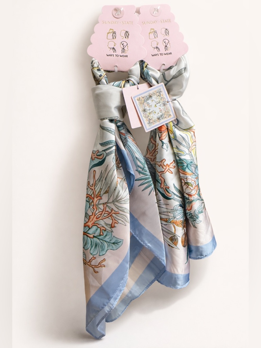 Sunday State Scarf Set 2 Silk Scarves Blue Floral Bag Tie Hair 26.8” NWT